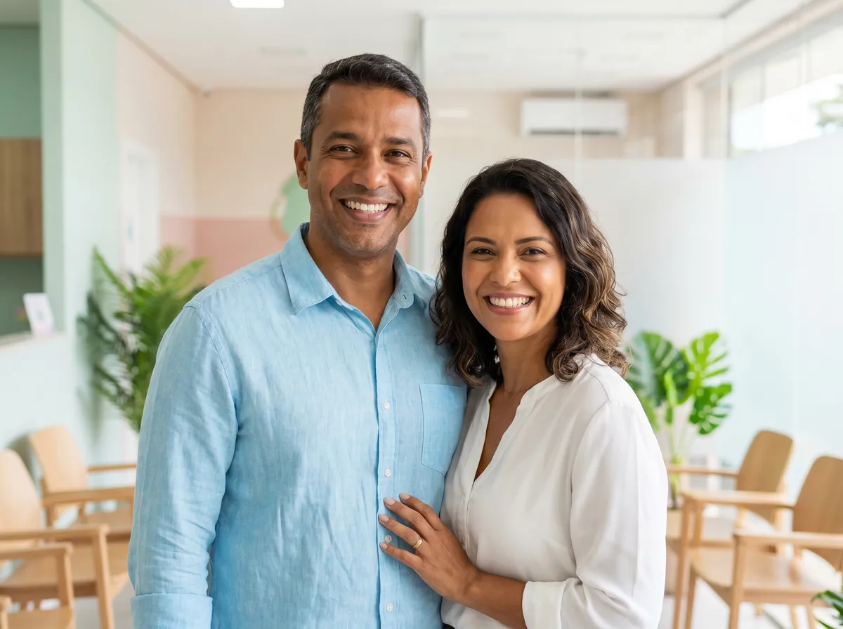 Casal sorrindo na recepção do laboratório para realizar check-up preventivo