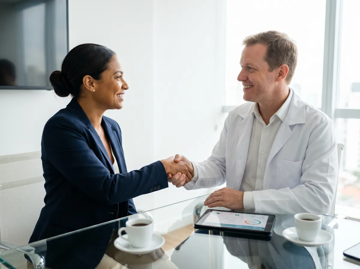 Reunião entre gestora de RH e representante do laboratório para exames empresariais