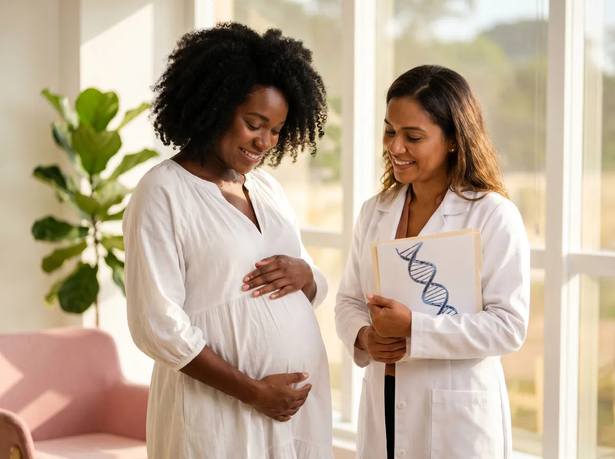 Gestante realizando exame de sexagem fetal com geneticista no laboratório